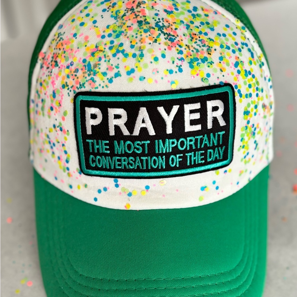 #SOLD# Green and White Cap with Colorful Speckles
Also made w/o embellishments